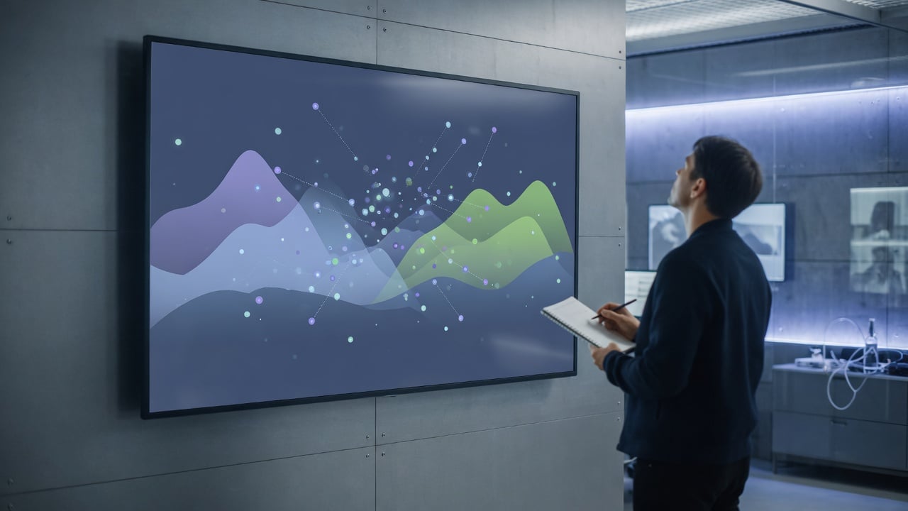 Operator comparing several muted analytics charts on a widescreen monitor next to a printed weekly metrics sheet