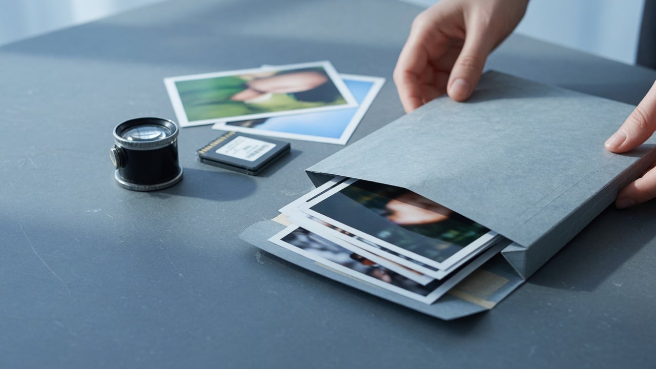 Administrator reviewing image thumbnails on a monitor beside a phone showing a compact photo in a thread